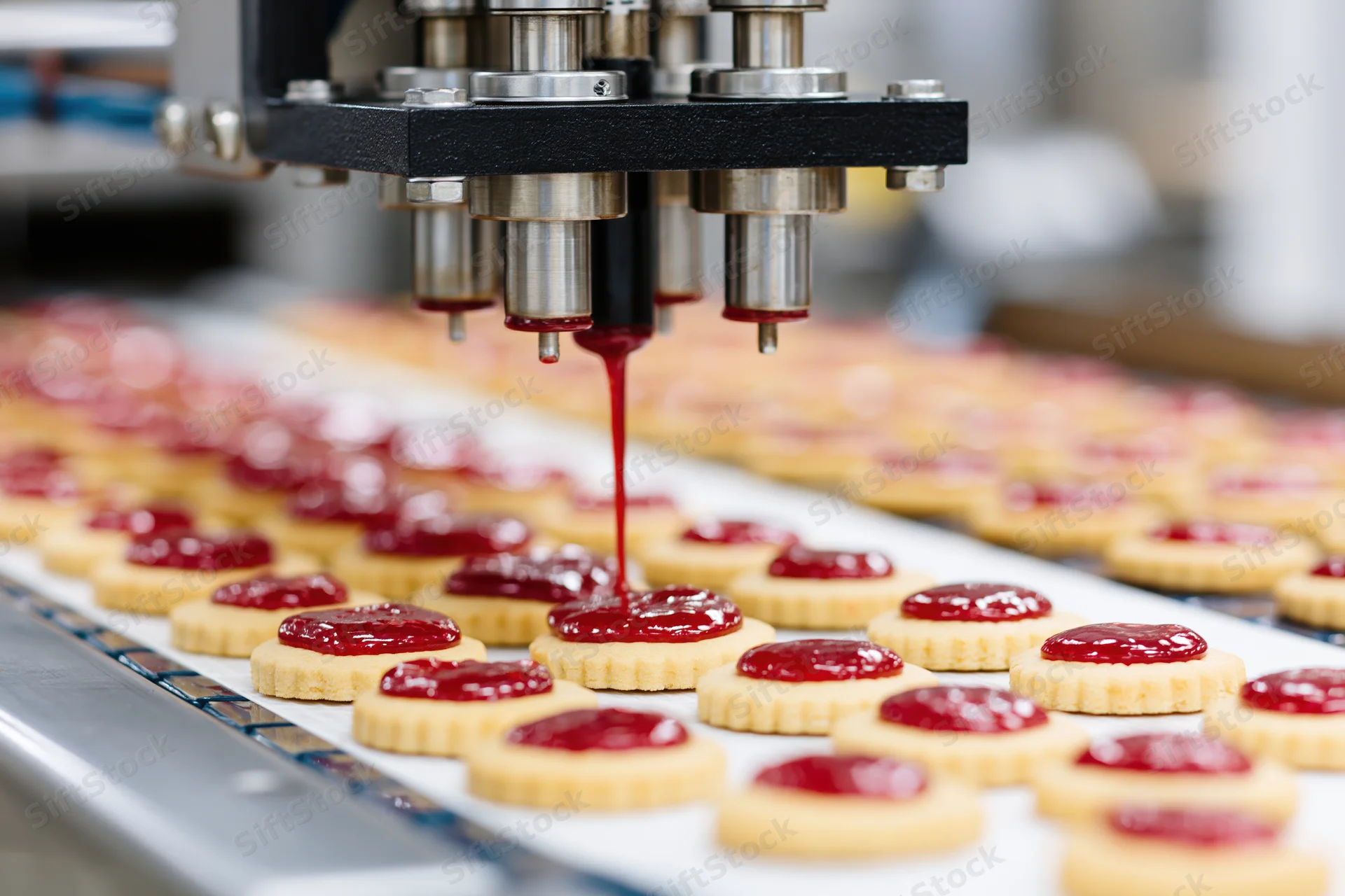 Machine dispensing red jam onto cookies on a conveyor belt in a factory