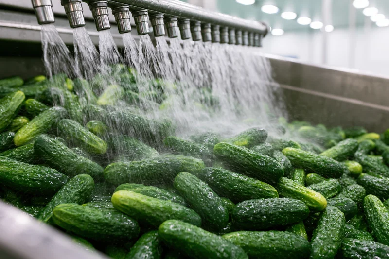 Cucumbers being washed on an industrial food processing line