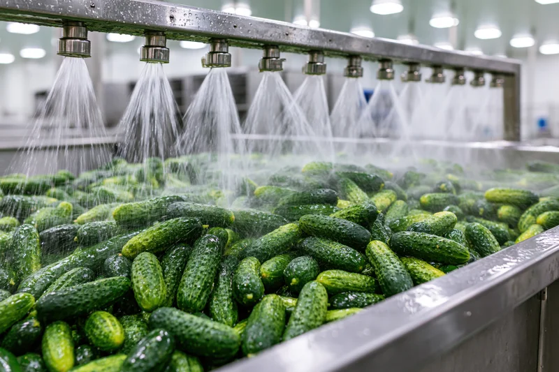 Cucumbers being washed on a conveyor belt in a food processing factory