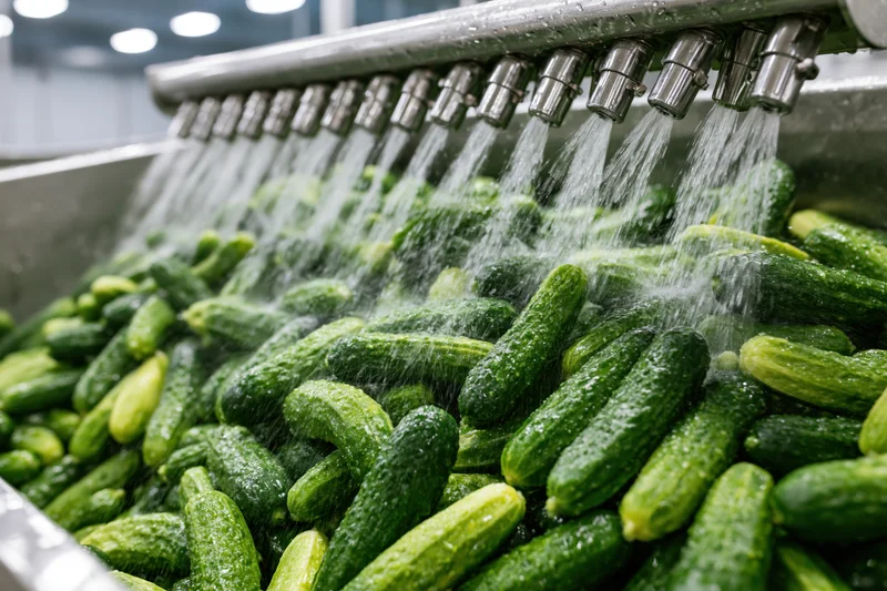 Cucumbers being washed on an industrial food processing line