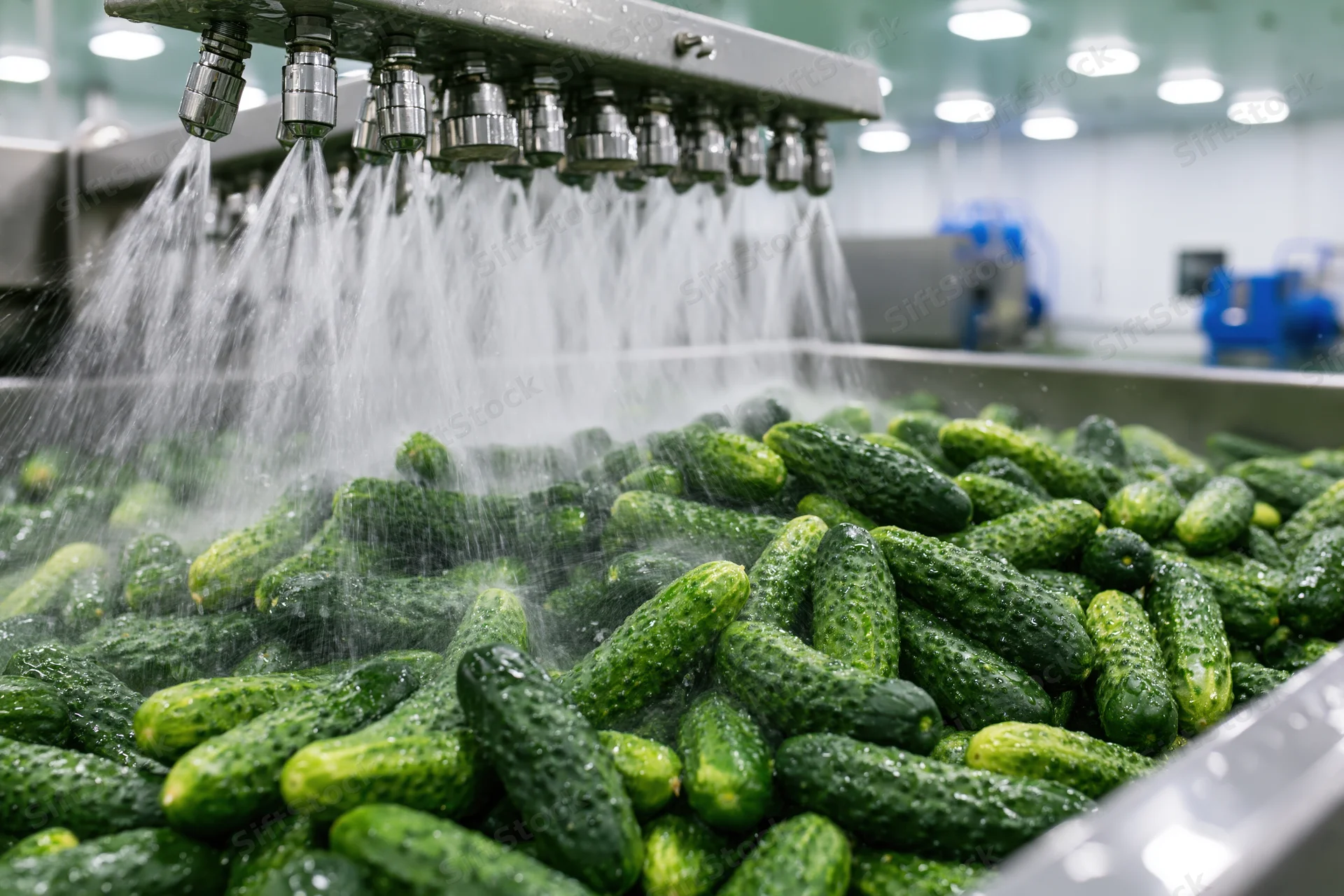 Fresh cucumbers being washed on an industrial food processing line