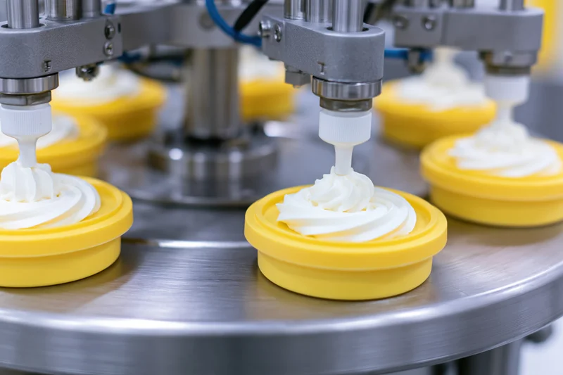 Robotic nozzles dispensing cream into yellow plastic trays on a rotating conveyor in a food production line