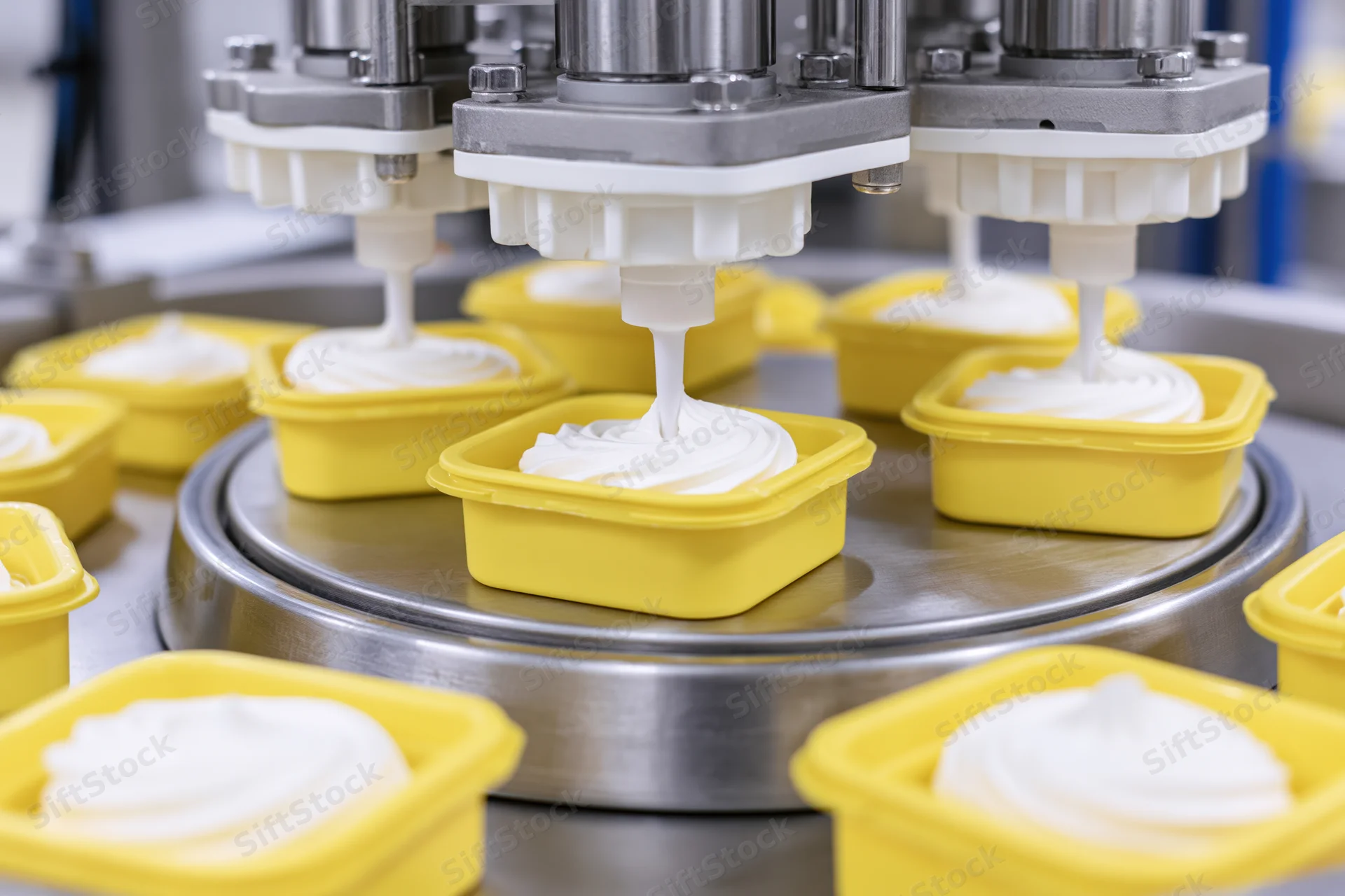 Automated machinery filling yellow plastic trays with yogurt on a conveyor in a food factory