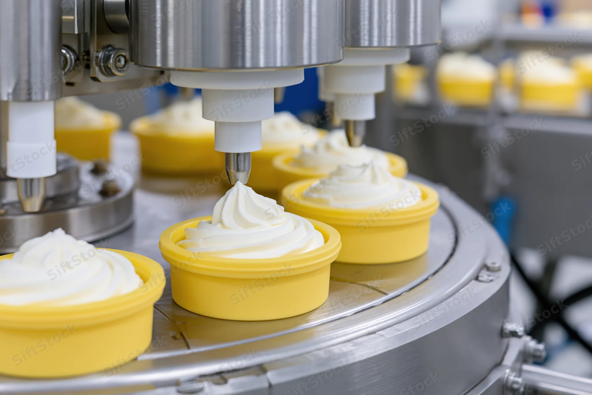 Automated machine filling yellow plastic trays with cream on a conveyor in a food factory