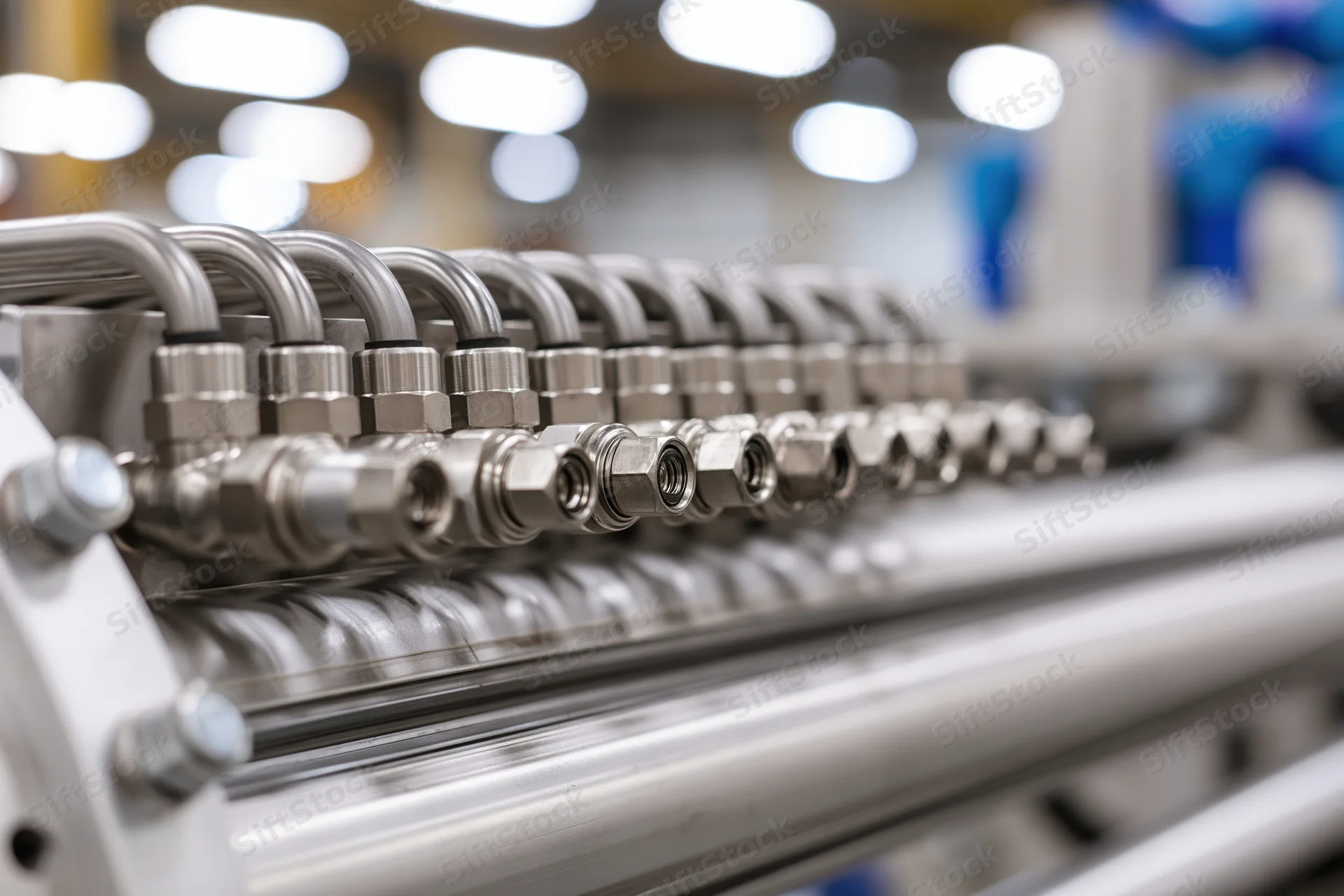 Close-up of stainless steel pipe fittings and connectors in an industrial machine assembly line