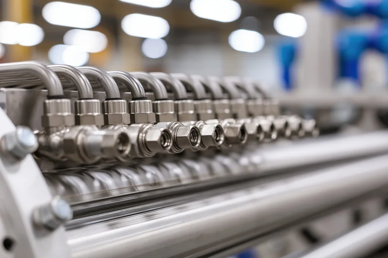 Close-up of stainless steel pipe fittings and connectors in an industrial machine assembly line