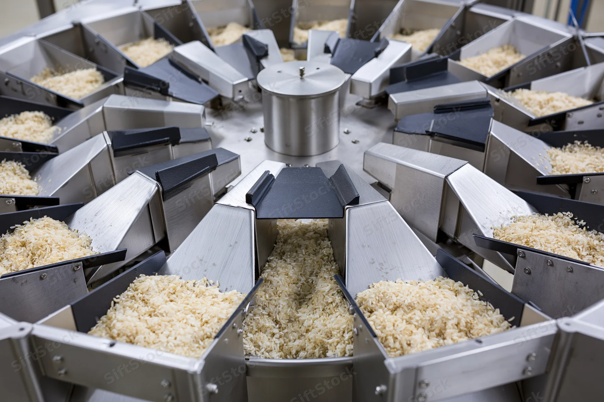 Industrial multihead weigher machine dispensing dry rice grain into metal chutes in a food processing facility