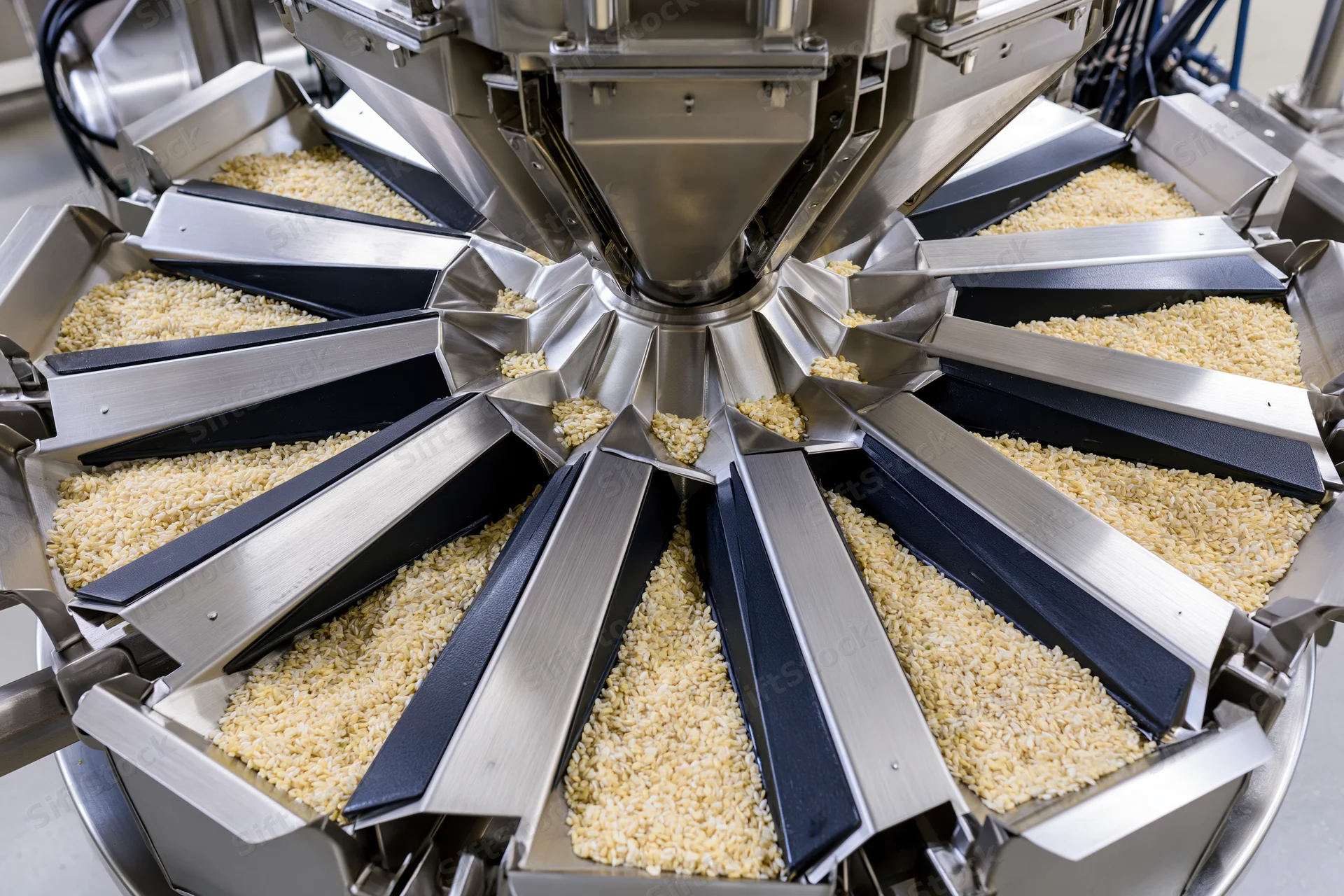 Industrial multihead weigher machine dispensing dry rice grain into multiple chutes during food processing