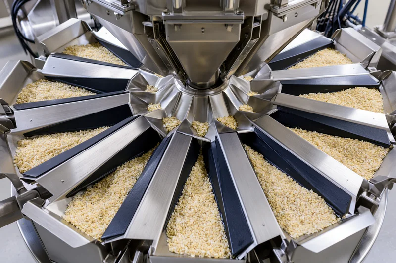 Industrial multihead weigher machine dispensing dry rice grain into multiple chutes during food processing