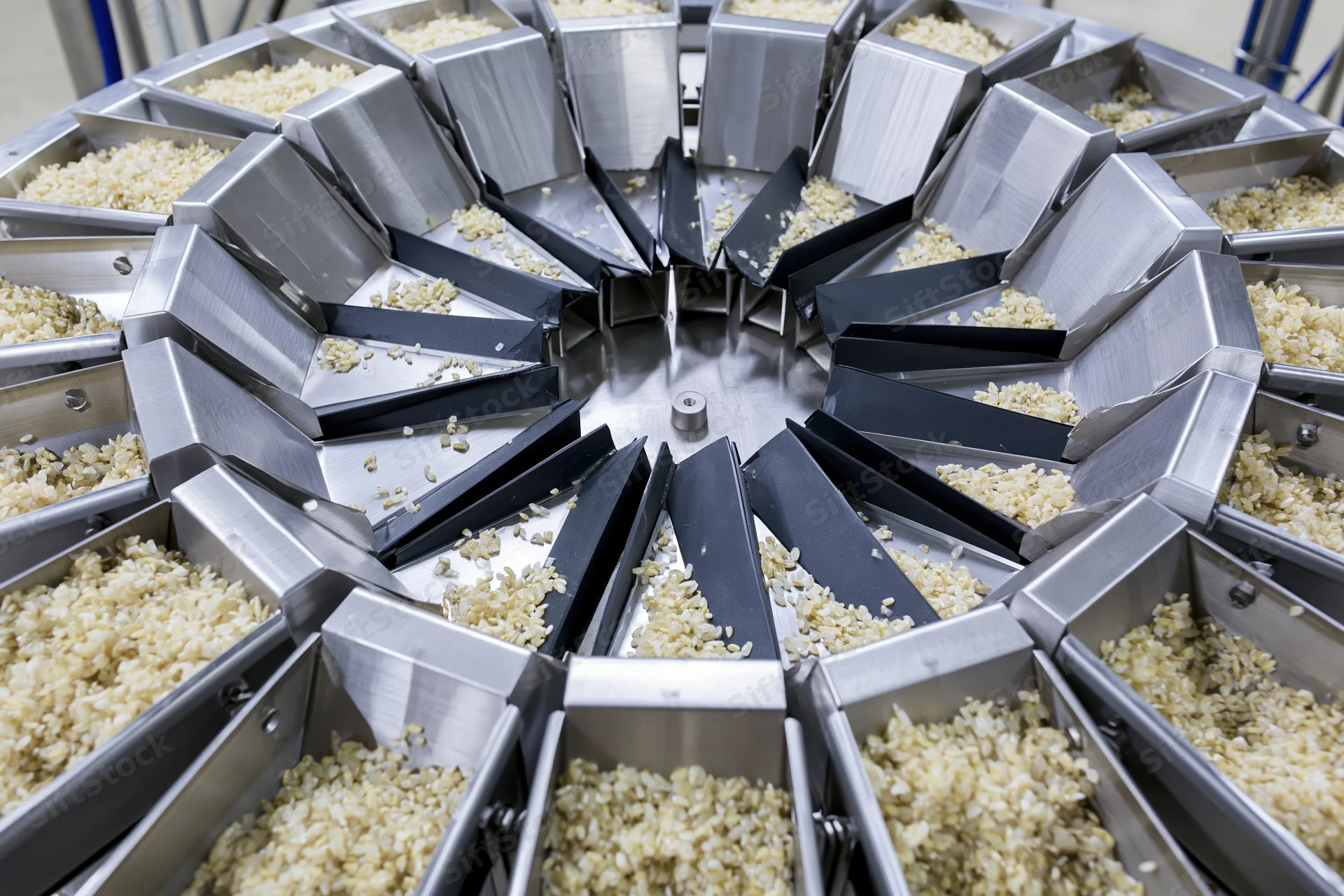 Industrial multihead weigher machine dispensing dry rice grain in a food processing facility
