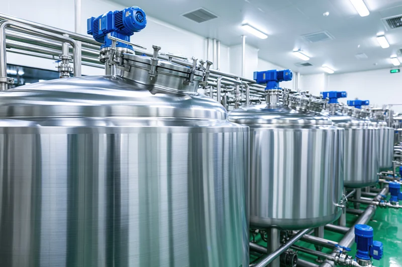Row of stainless steel mixing tanks with blue motors in a clean industrial facility