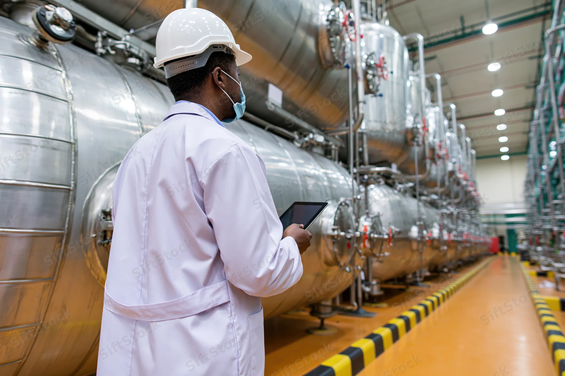 Technician in lab coat and hard hat holding tablet while inspecting stainless steel tanks in industrial plant