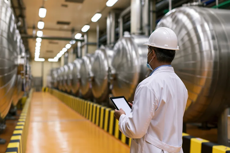Technician in white lab coat and hard hat holding tablet while inspecting stainless steel tanks in factory corridor