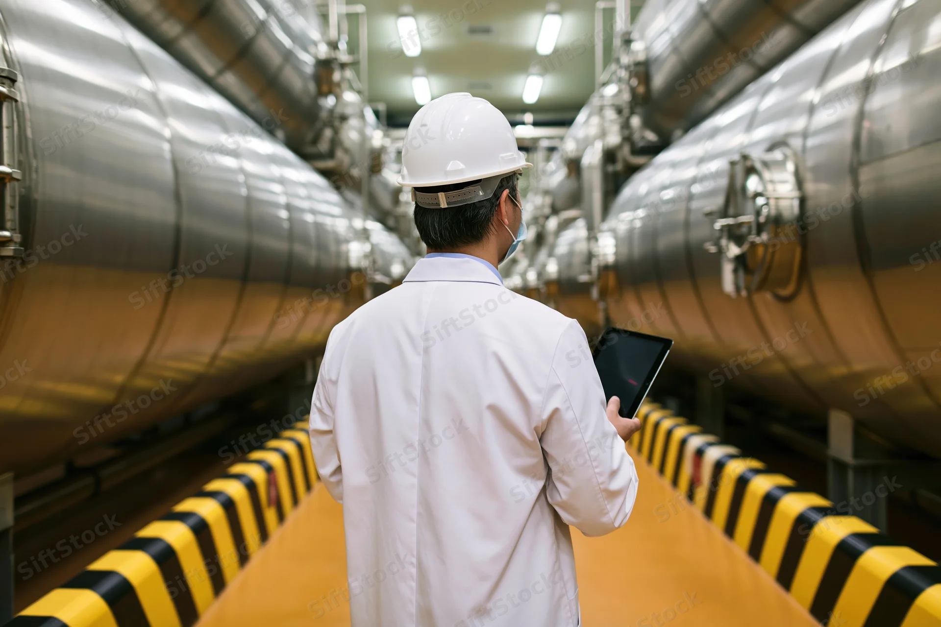 Technician in white lab coat and hard hat holding tablet while walking through industrial plant corridor between large pipelines
