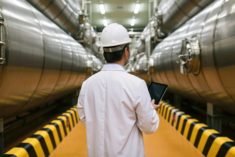 Technician in white lab coat and hard hat holding tablet while walking through industrial plant corridor between large pipelines