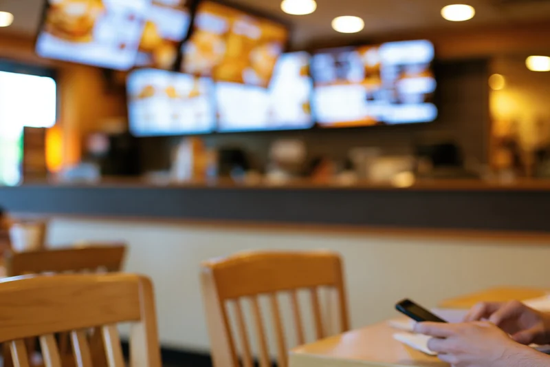 Customer using smartphone at table in fast food restaurant interior