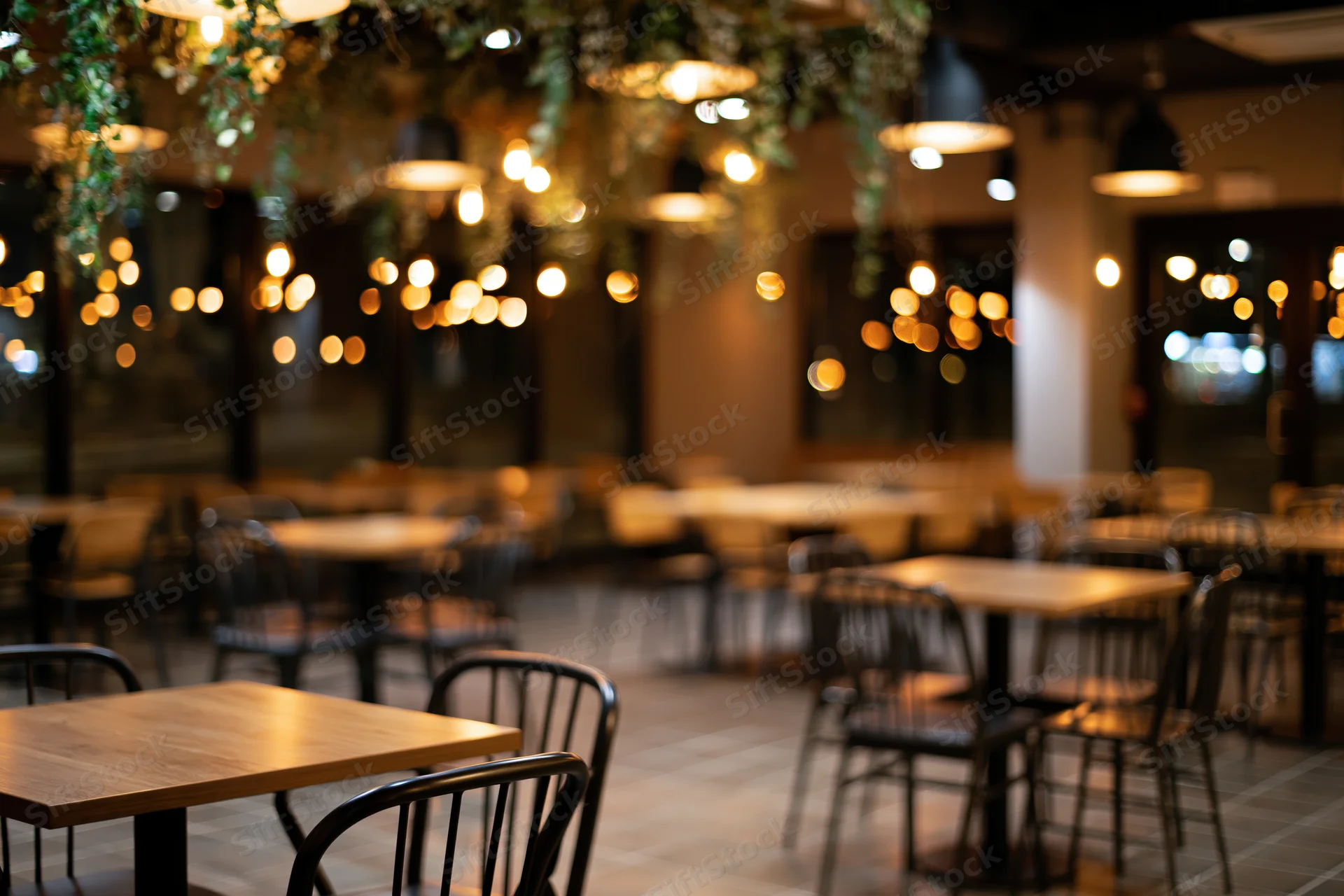 Modern cafe interior with wooden tables and black chairs under warm pendant lights at night