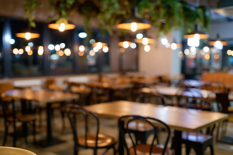 Modern cafe interior with wooden tables and pendant lights at night