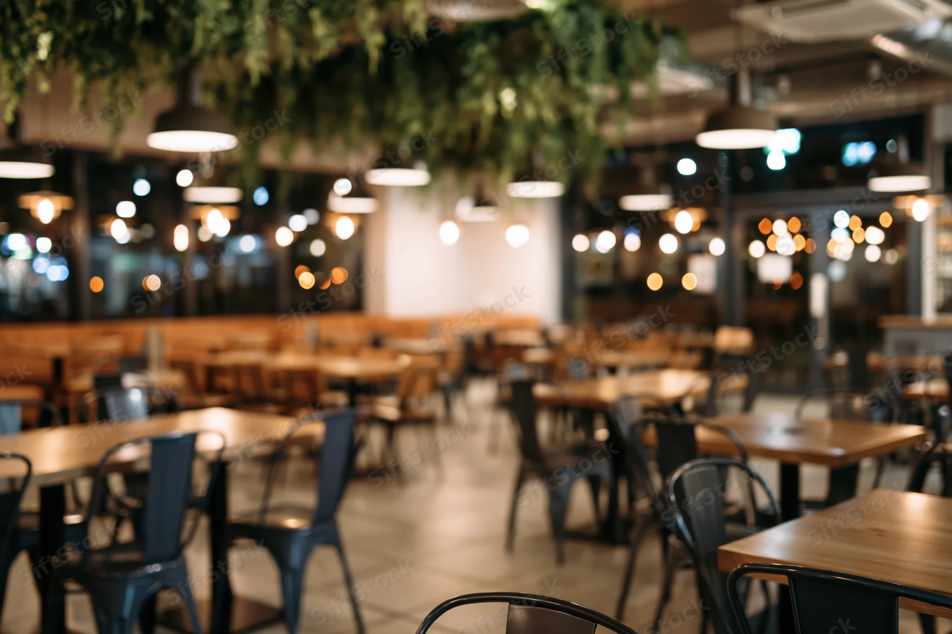 Modern cafe interior with wooden tables and metal chairs arranged for dining at night