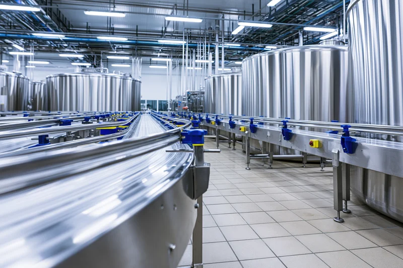 Stainless steel conveyor belts and large vats in a modern dairy or beverage processing plant interior