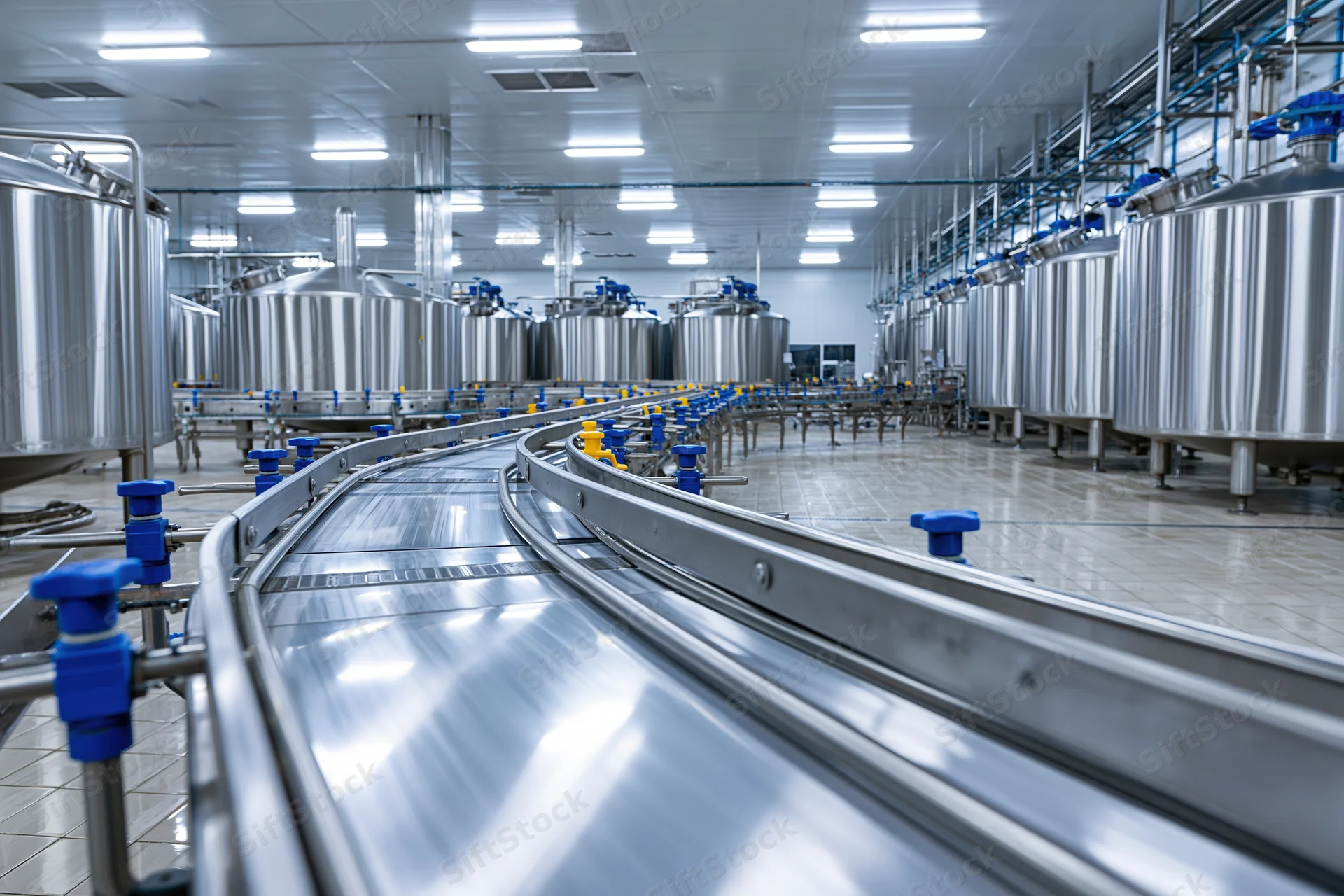 Stainless steel conveyor belt winding through a modern dairy processing facility with large storage tanks and industrial machinery