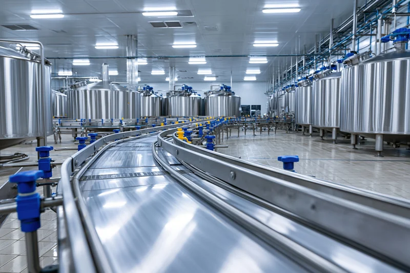 Stainless steel conveyor belt winding through a modern dairy processing facility with large storage tanks and industrial machinery