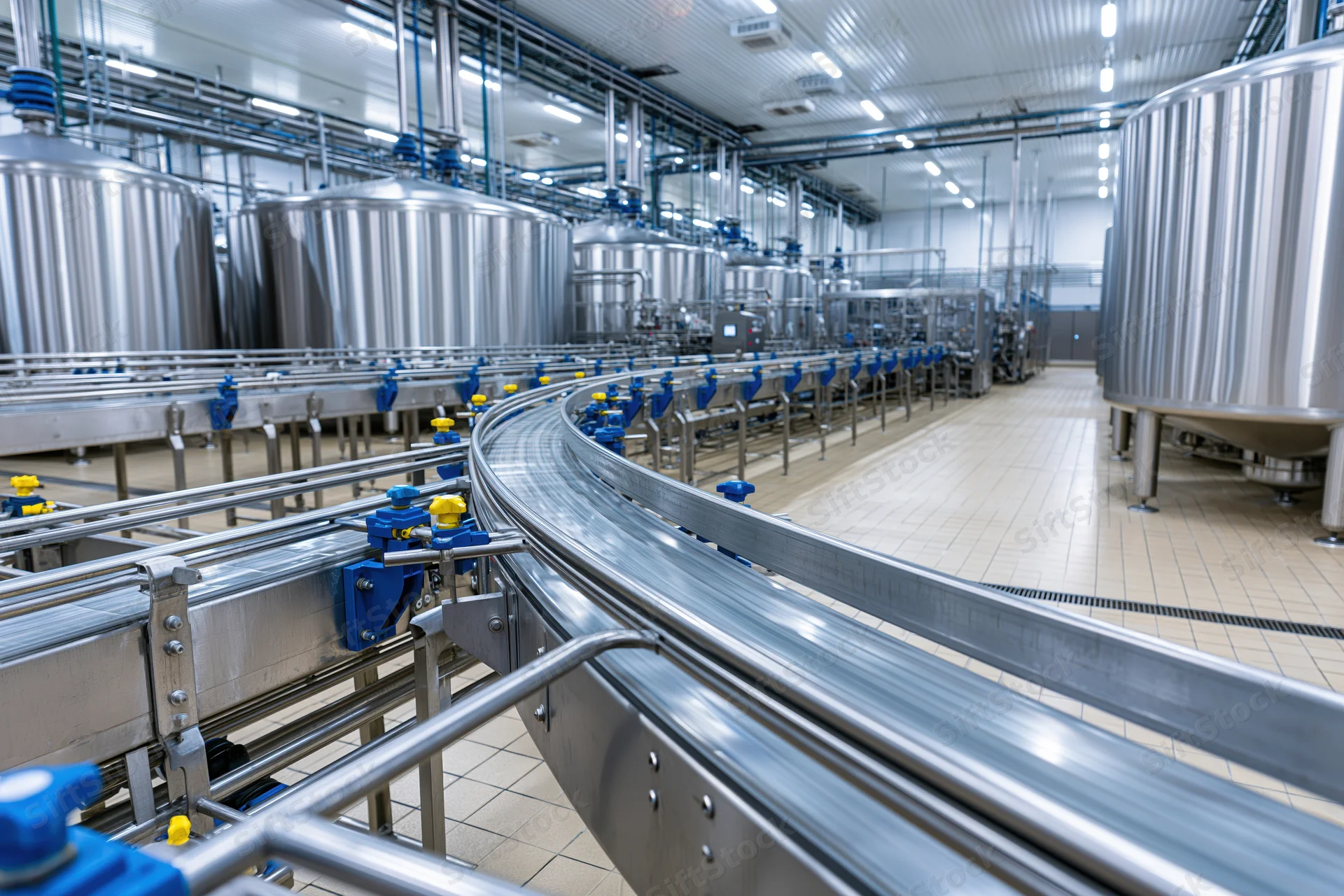 Stainless steel conveyor system curving through a modern dairy processing plant interior