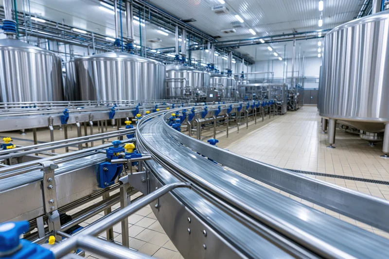 Stainless steel conveyor system curving through a modern dairy processing plant interior