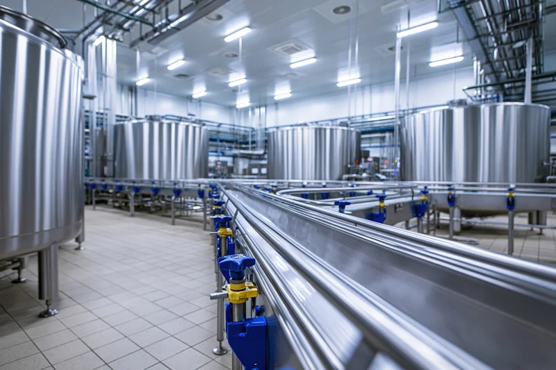 Stainless steel tanks and pipelines in a modern dairy processing facility interior