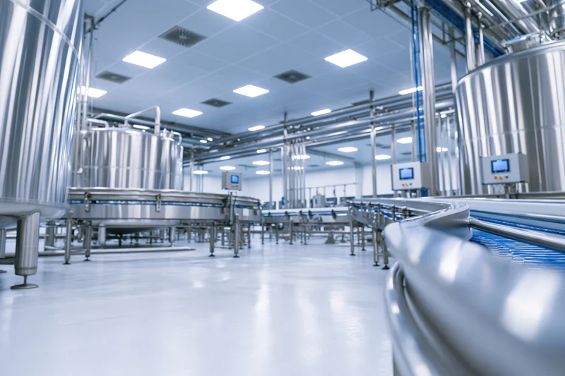 Interior of a modern pharmaceutical or dairy processing facility with stainless steel tanks and conveyor belts