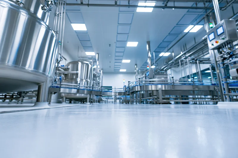 Interior of a modern pharmaceutical or dairy processing facility with stainless steel tanks and automated machinery