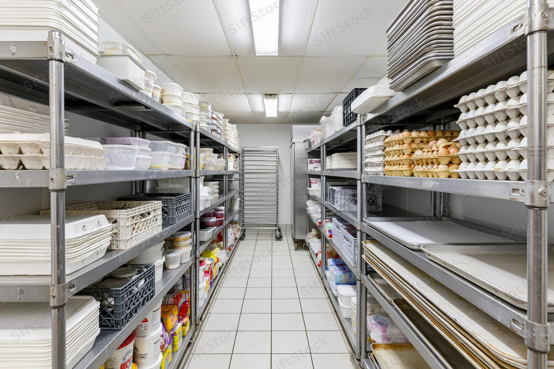 Narrow aisle between metal shelves stocked with food containers and egg cartons in a commercial kitchen walk-in refrigerator