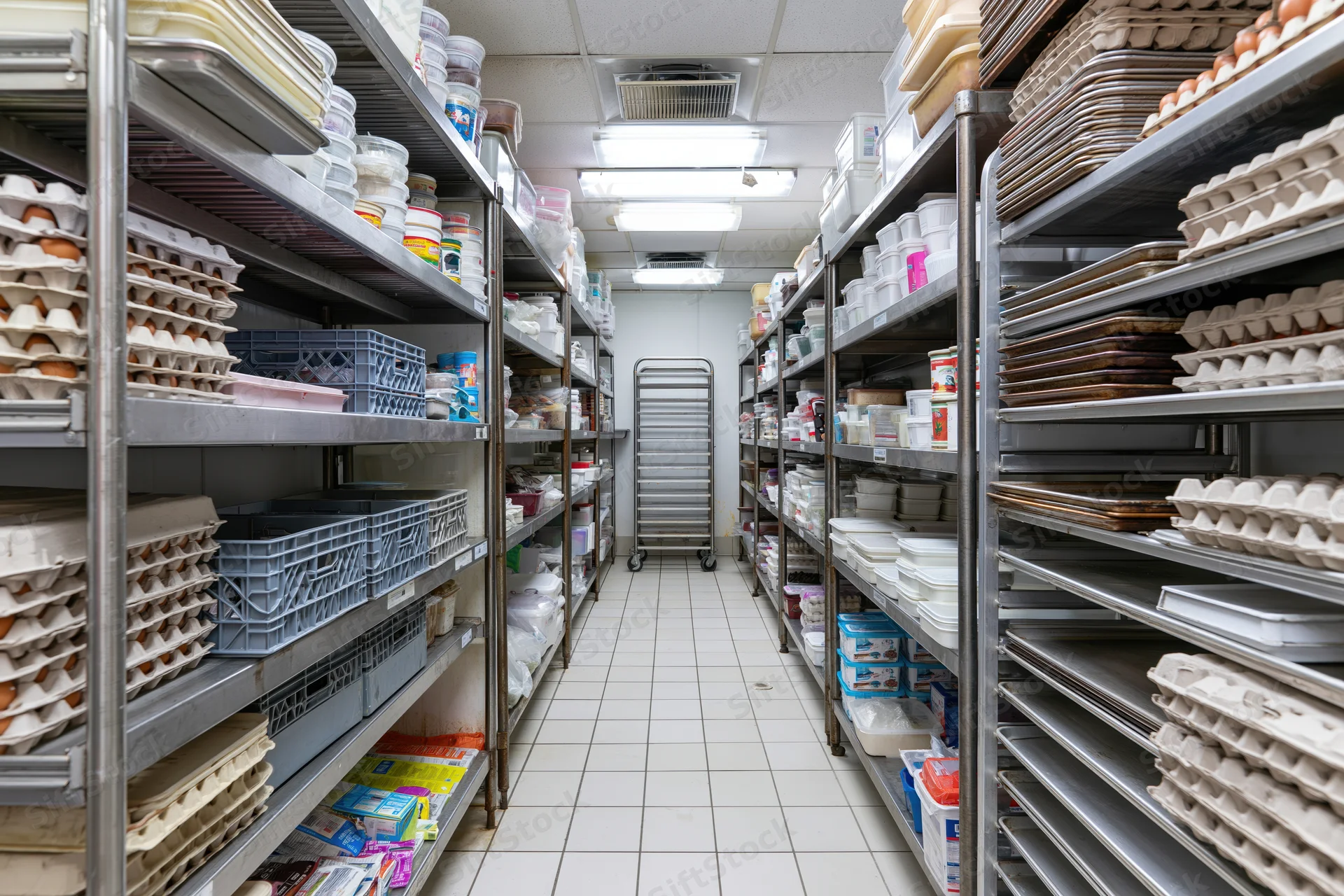 Narrow walk-in refrigerator storage room with metal shelves stocked with food supplies and egg cartons