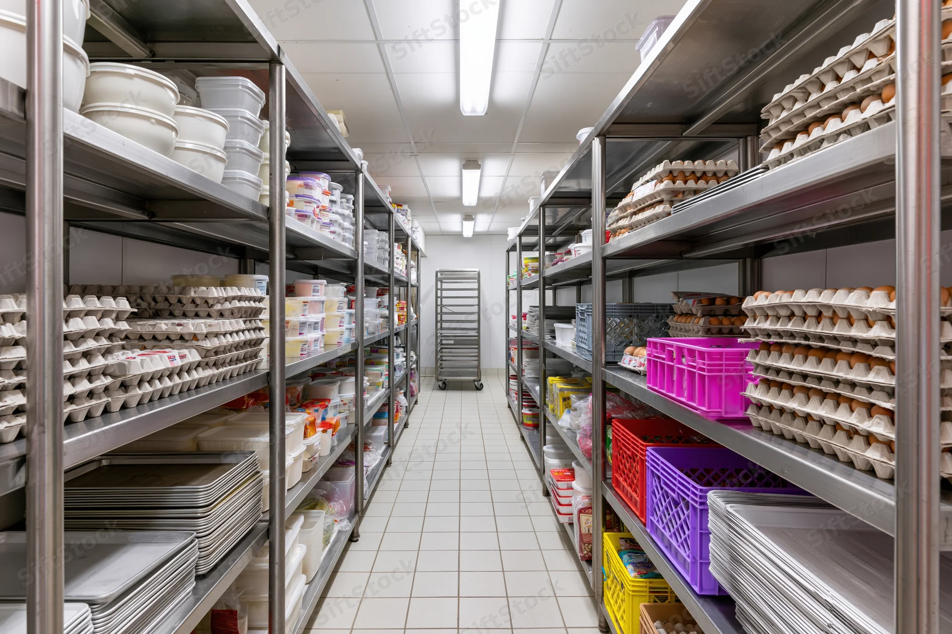 Narrow walk-in refrigerator storage room with stainless steel shelves holding eggs, crates, and food containers in a commercial kitchen