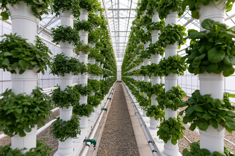 Rows of vertical hydroponic plants growing in white columns inside a greenhouse with a central pathway