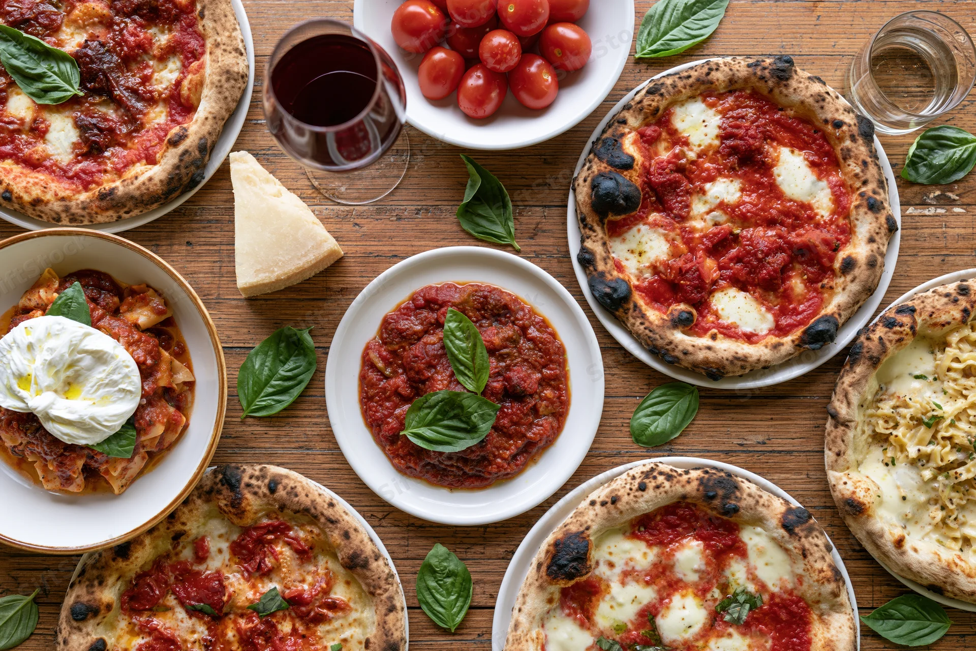 Overhead view of an italian restaurant table spread with pizzas, pasta, wine, and fresh ingredients on a wooden surface