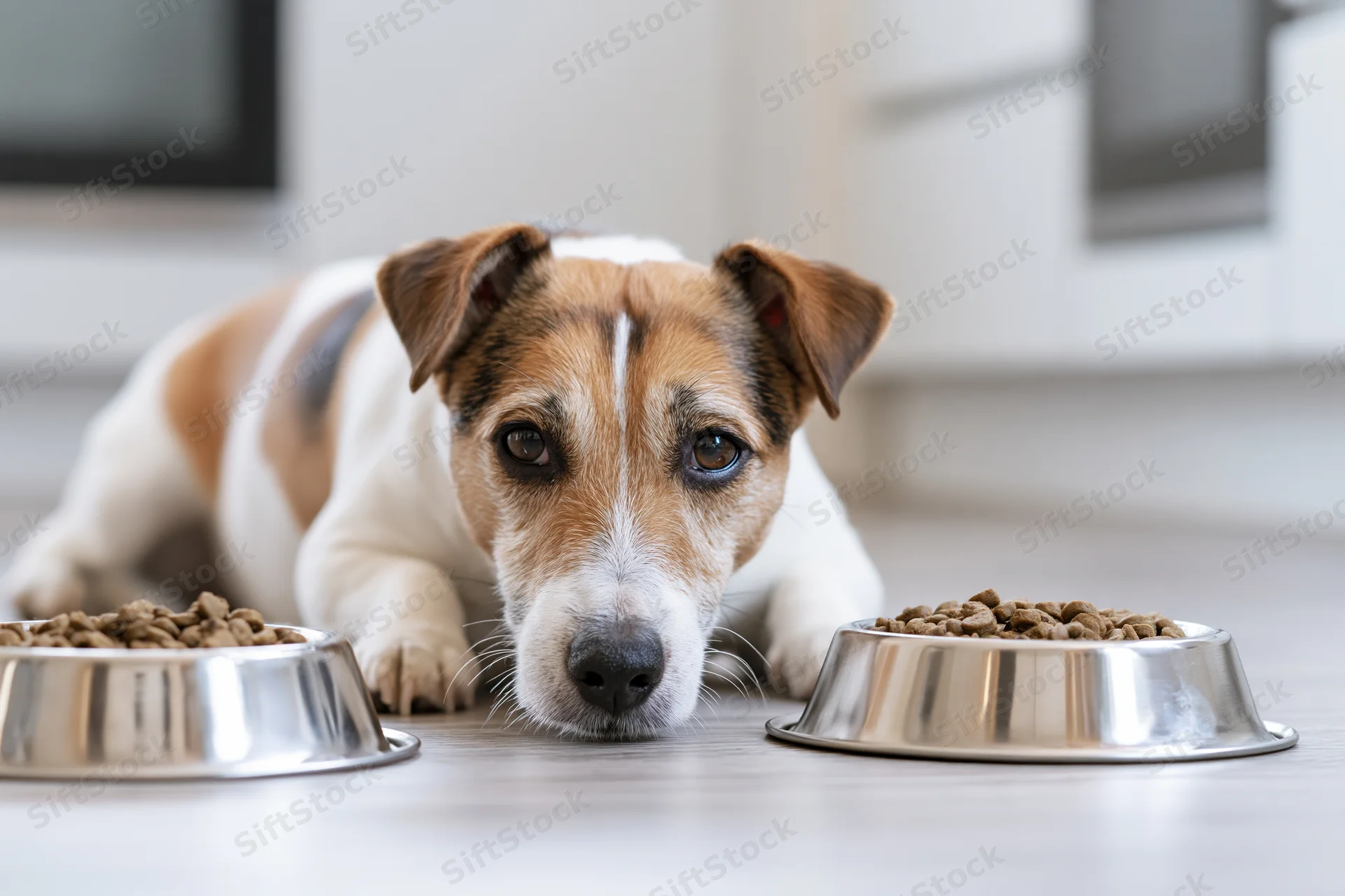 Jack russell terrier lying on kitchen floor between two metal bowls of dry dog food