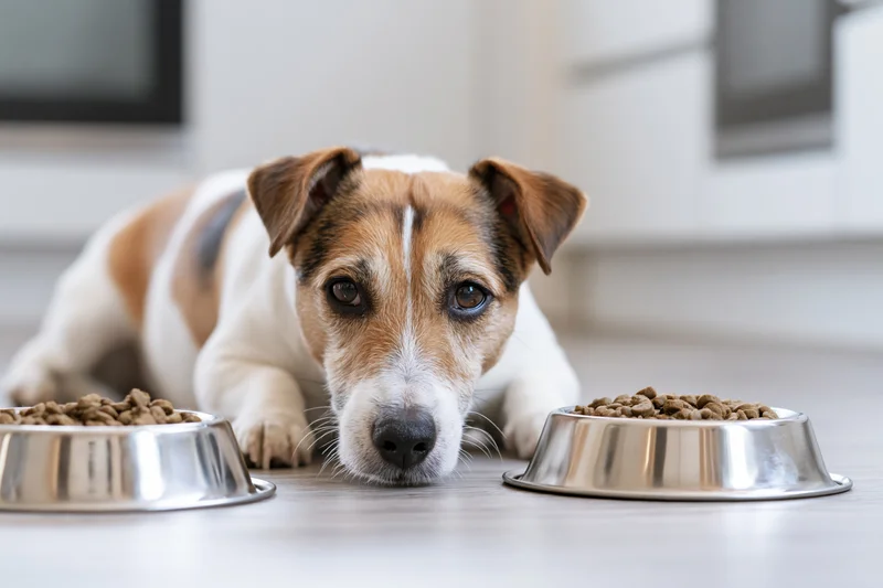 Jack russell terrier lying on kitchen floor between two metal bowls of dry dog food