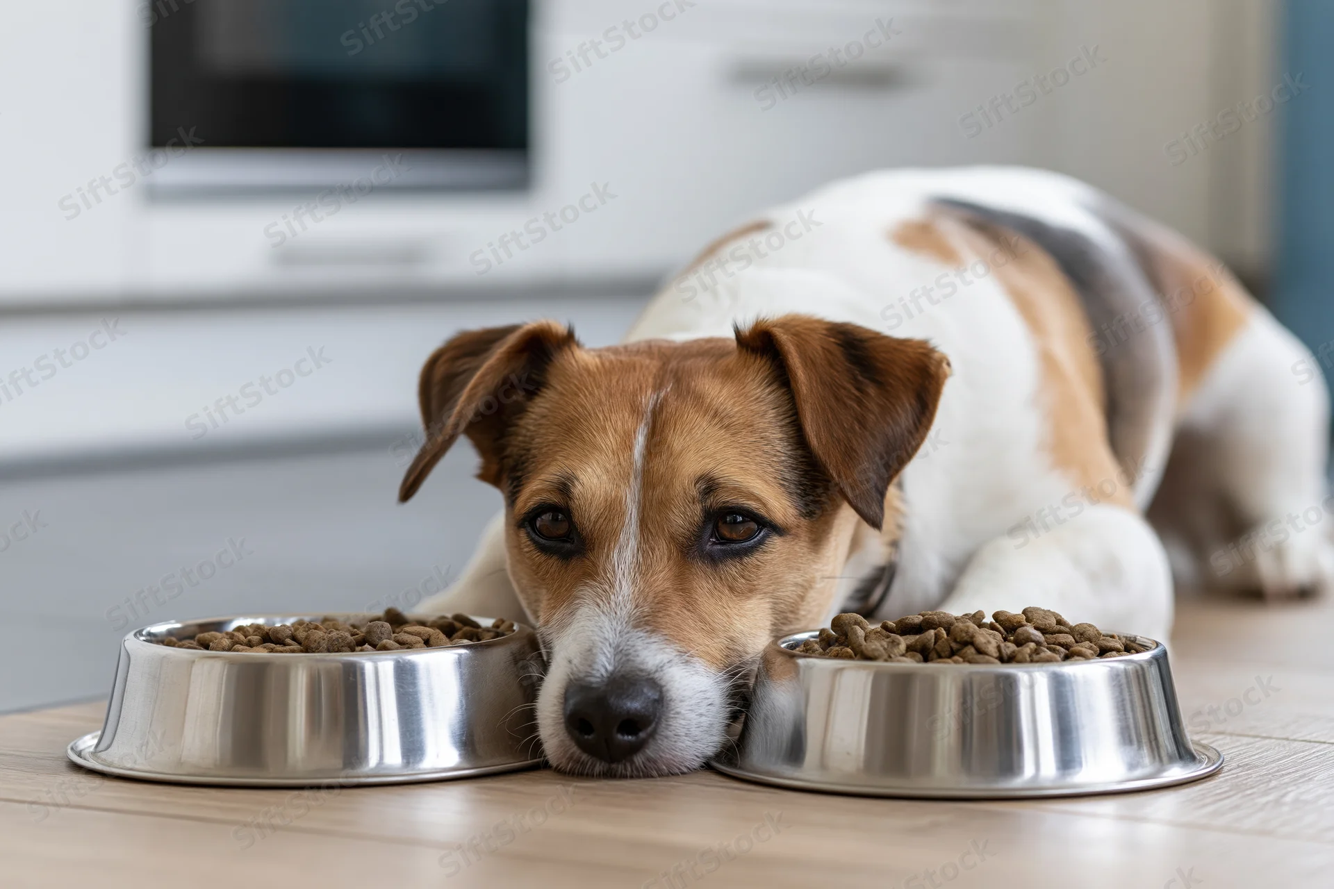 Jack russell terrier lying on kitchen floor with head between two metal food bowls filled with kibble