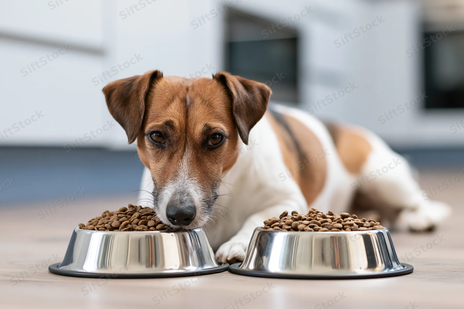 Jack russell terrier lying on kitchen floor with chin on two metal bowls of dry dog food