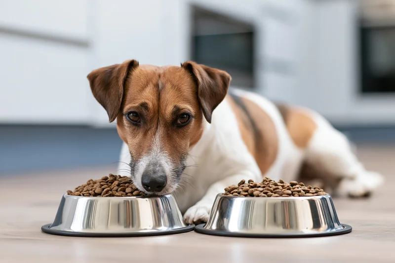 Jack russell terrier lying on kitchen floor with chin on two metal bowls of dry dog food