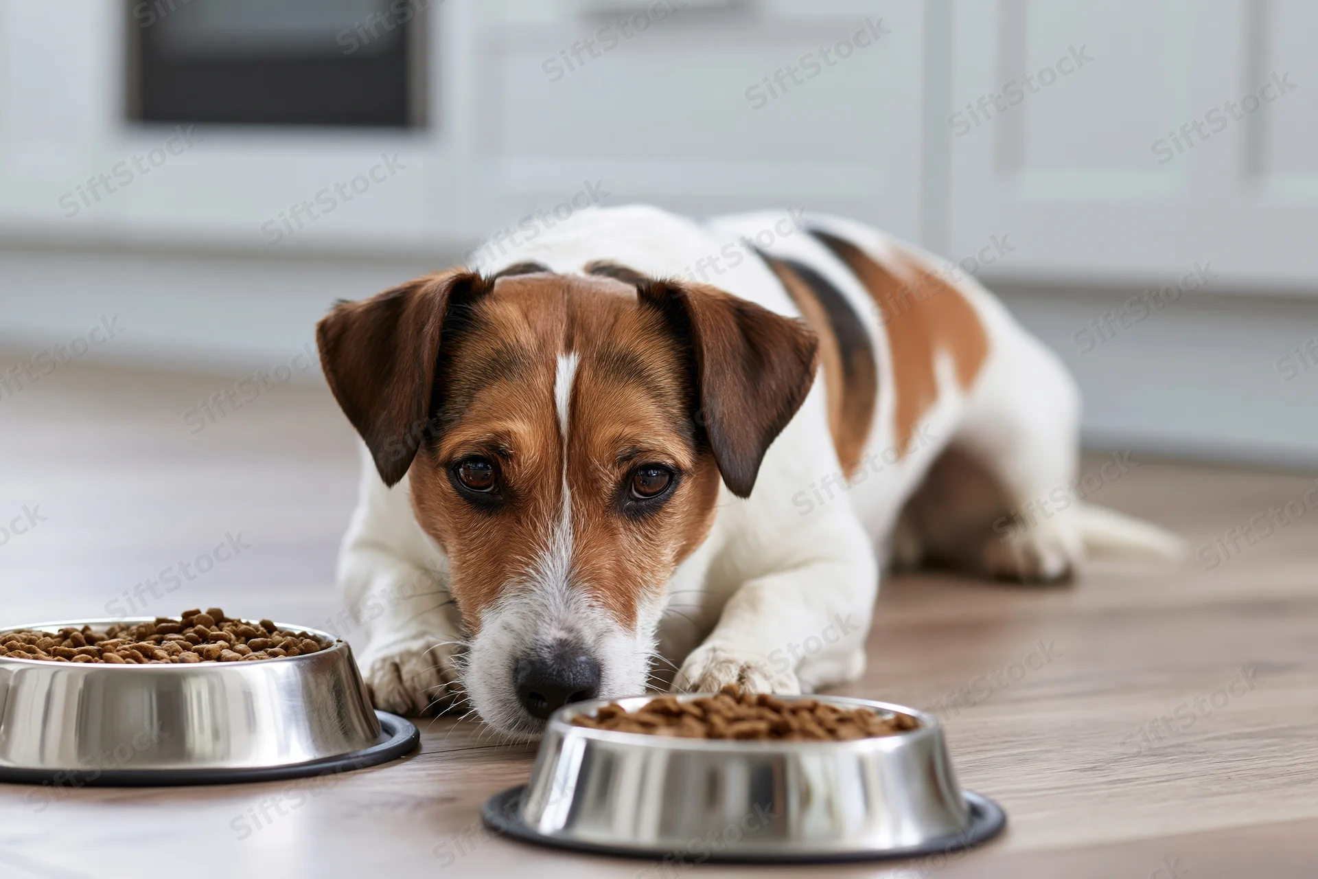 Jack russell terrier lying on kitchen floor beside two metal bowls of dry dog food
