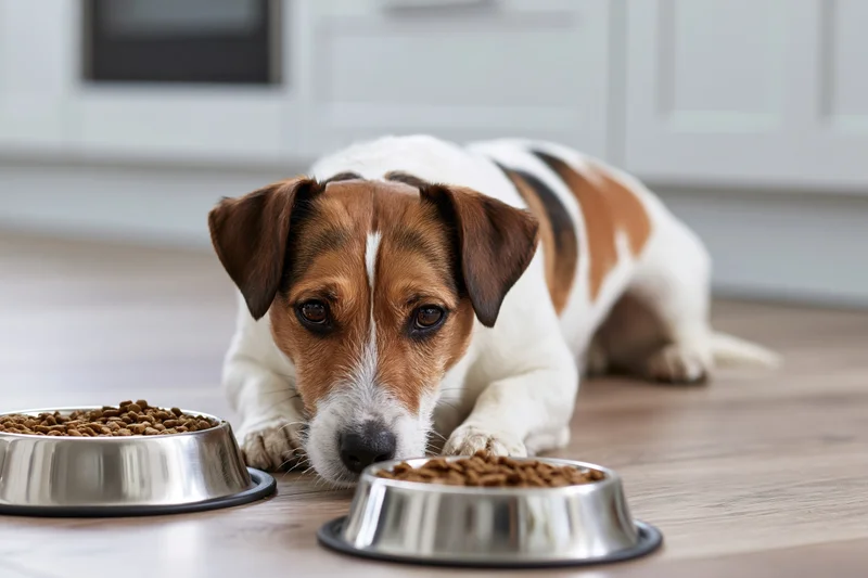 Jack russell terrier lying on kitchen floor beside two metal bowls of dry dog food