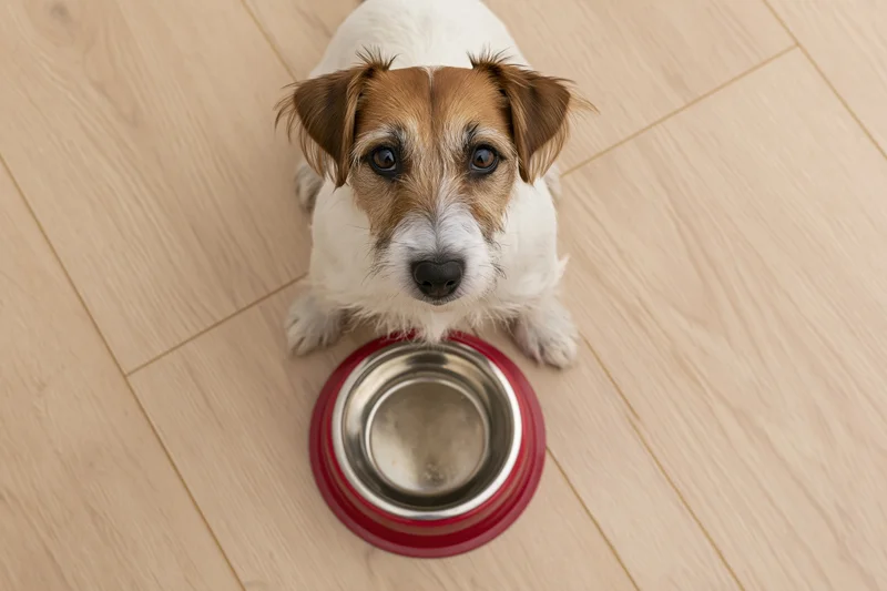 Jack russell terrier sitting on light wood laminate floor with empty food bowl looking up