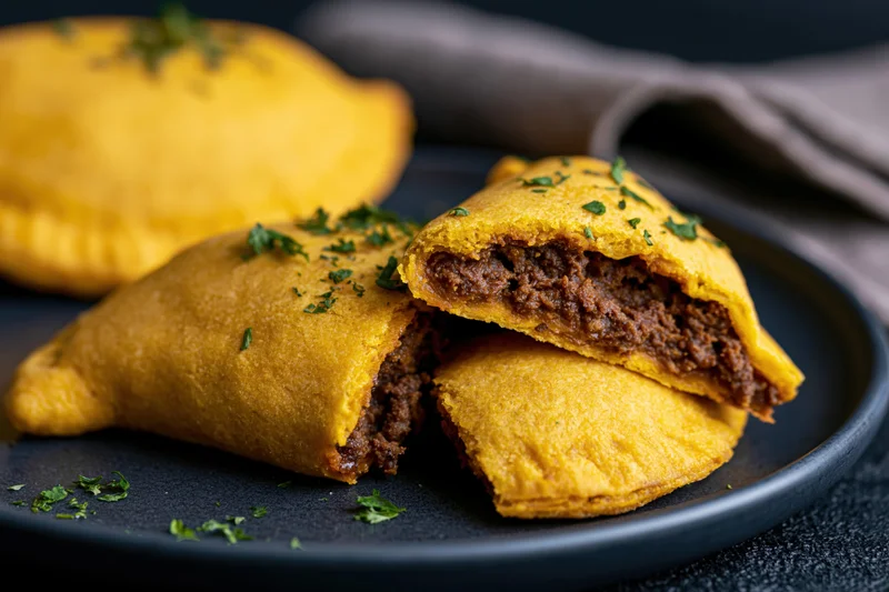 Jamaican beef patties on a dark ceramic plate with one cut open to show meat filling and garnished with parsley