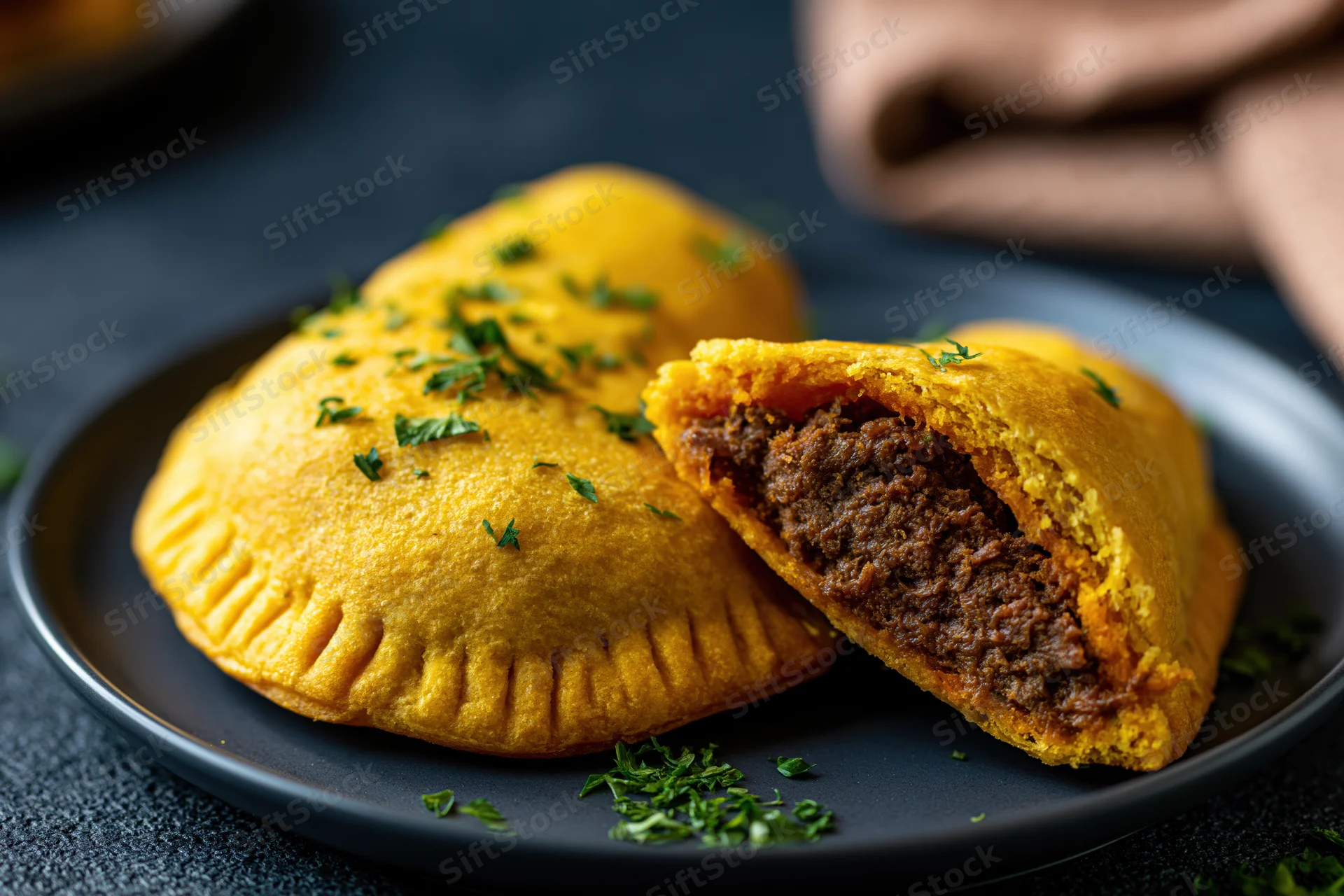 Jamaican beef patties on a dark ceramic plate with one cut open to show spiced meat filling and garnished with parsley