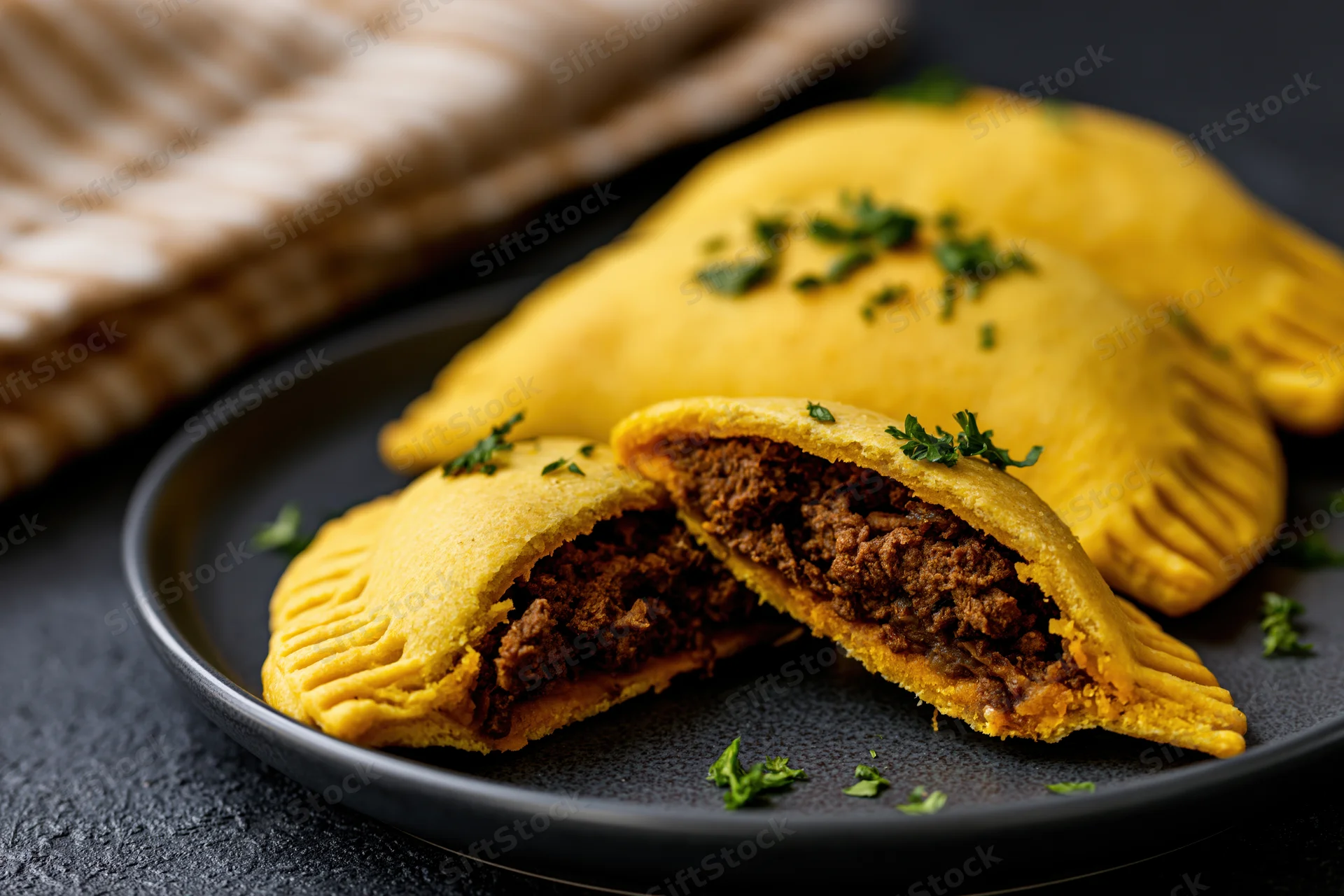 Jamaican beef patties on dark ceramic plate with one cut open to show meat filling and garnished with parsley
