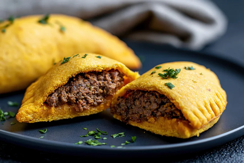 Jamaican beef patty cut in half on dark ceramic plate with herbs sprinkled around