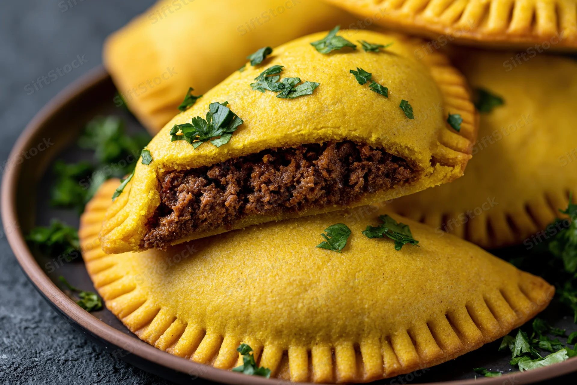 Jamaican beef patties stacked on a dark ceramic plate garnished with parsley