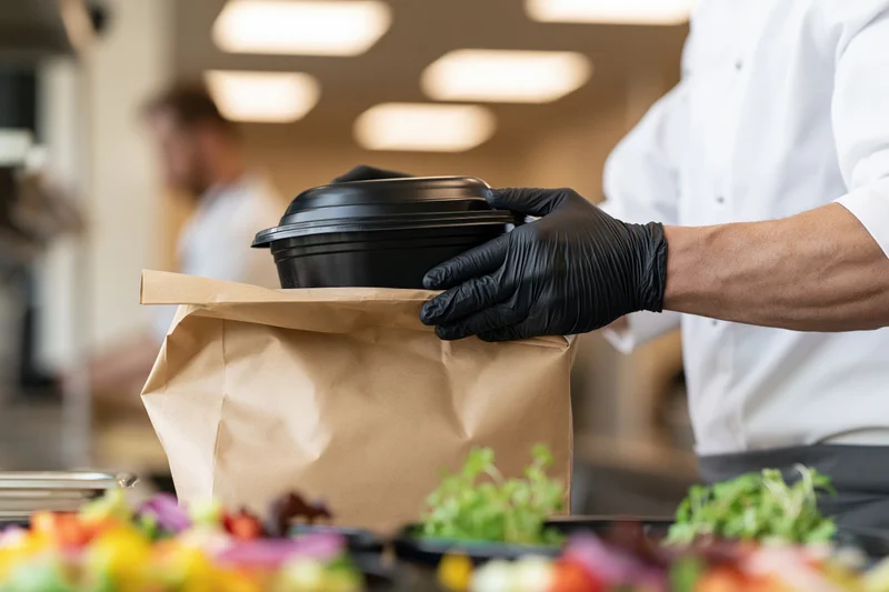 Chef placing black food container into paper bag in restaurant kitchen